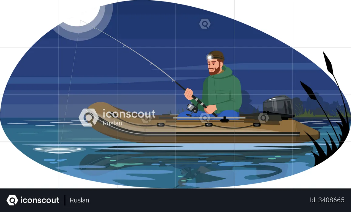 Man doing fishing at night time  Illustration