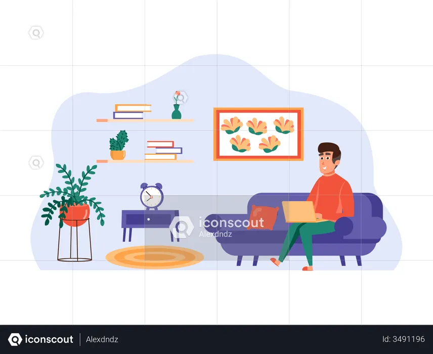 Man doing freelancing from home sitting on couch  Illustration
