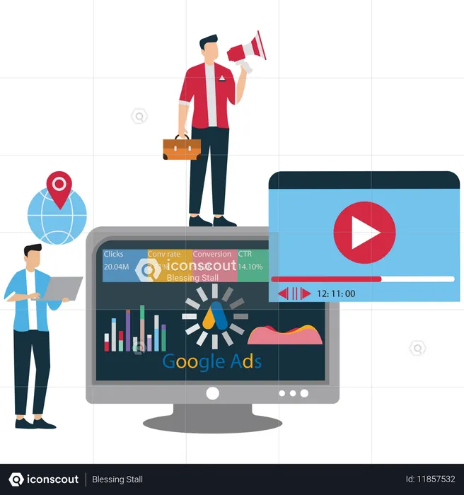 Man doing Google Ads analysis  Illustration