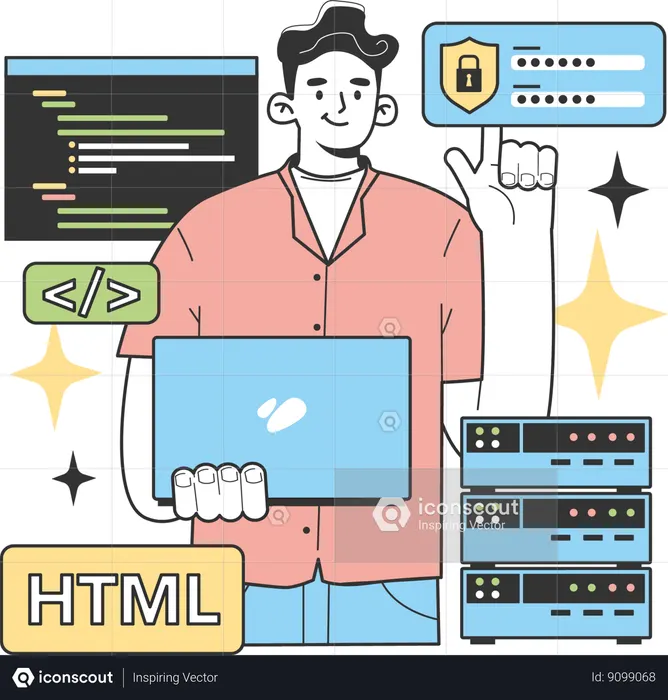 Man doing html coding with security  Illustration