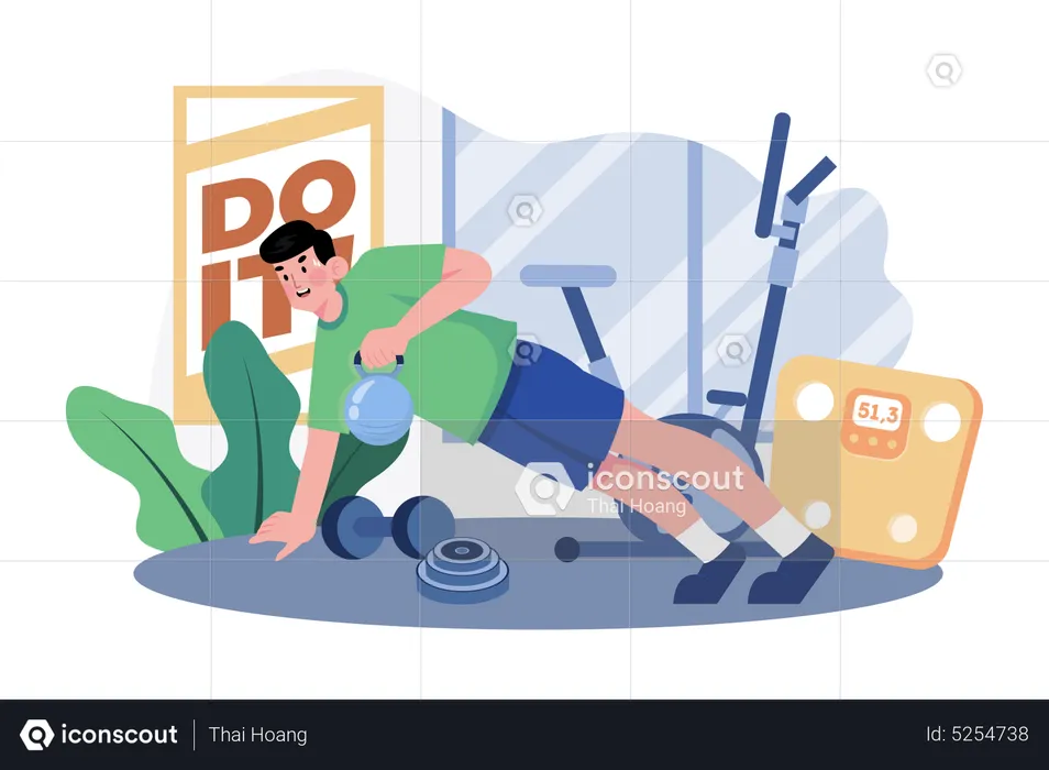 Man doing kettlebell exercises at the gym  Illustration