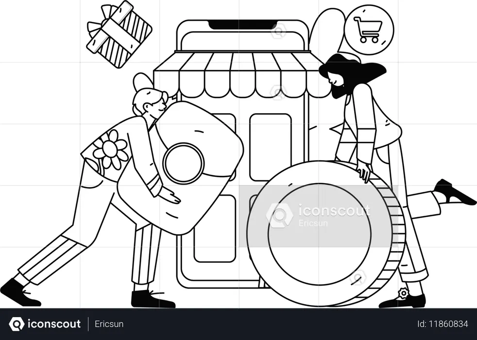 モバイルショッピングをする男性  イラスト