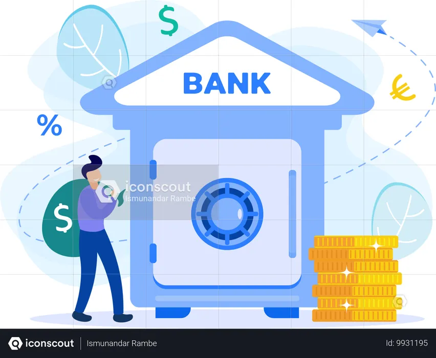 銀行のロッカーで貯金をしている男性  イラスト