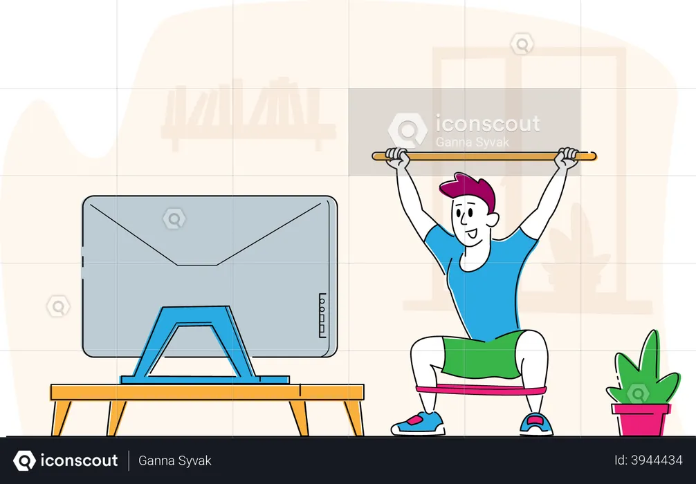 Man Doing Morning Exercises or Stretching Workout at Home  Illustration