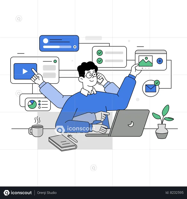 Man doing multitasking video editing  Illustration