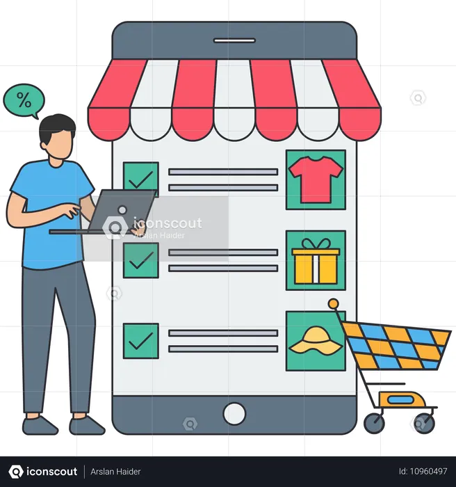 Man Doing Online Shopping on Mobile App  Illustration