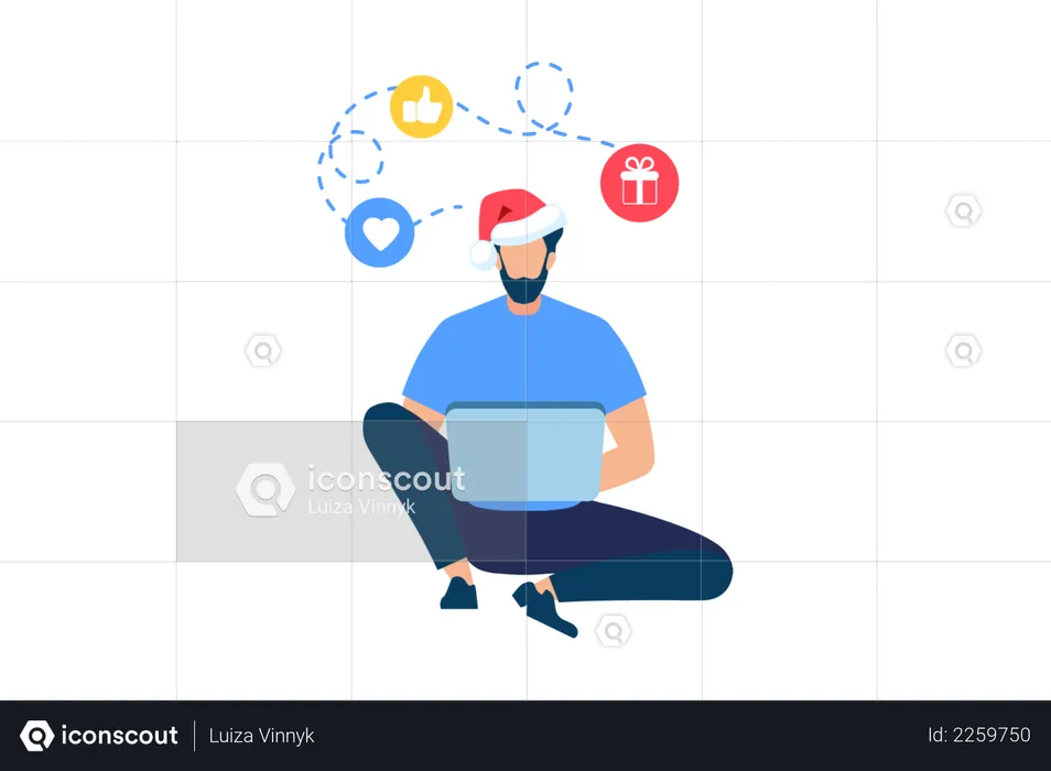 Man doing online work wearing Santa hat  Illustration