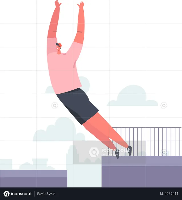 Man doing parkour activity while jumping off the roof  Illustration