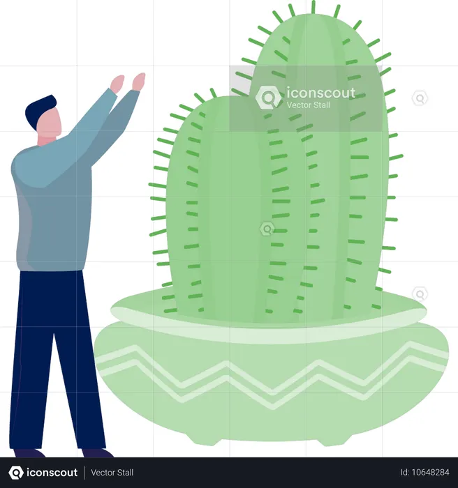 녹색 선인장을 선보이는 남자  일러스트레이션