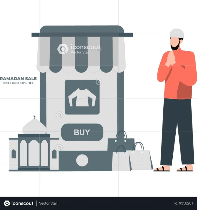 Man doing ramadan shopping using mobile  Illustration