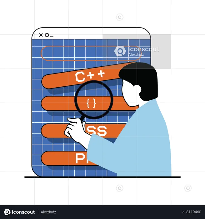 Man doing research on programming language  Illustration