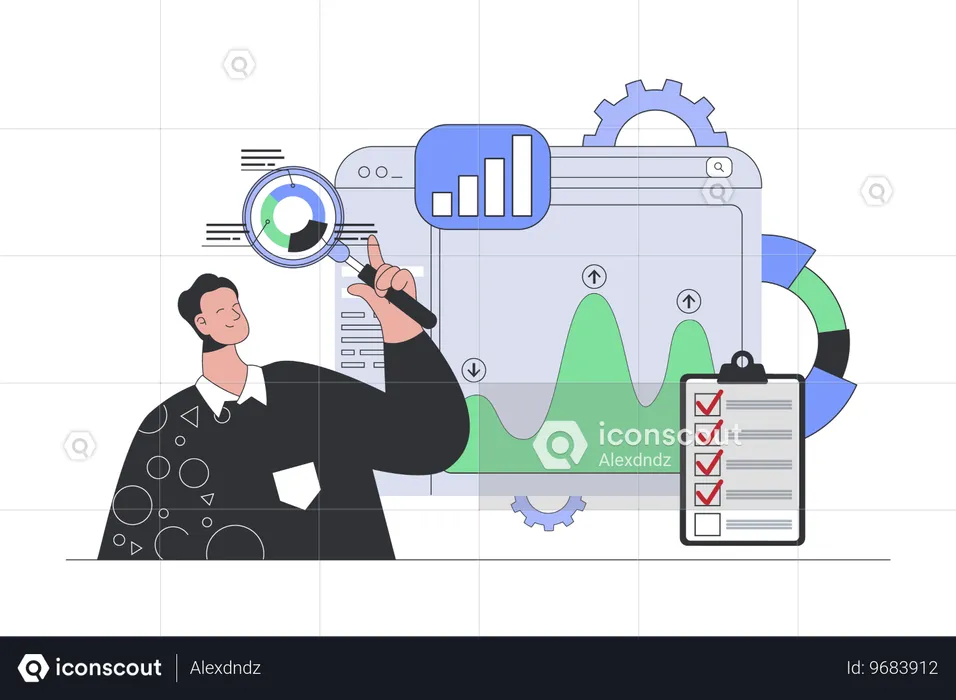 Man doing research with diagram and charts  Illustration