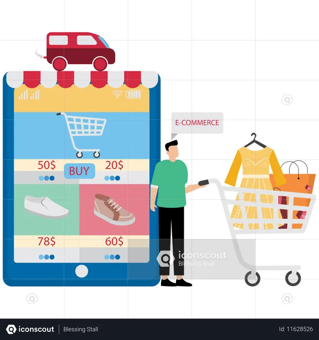デジタルストアで買い物をする男性  イラスト