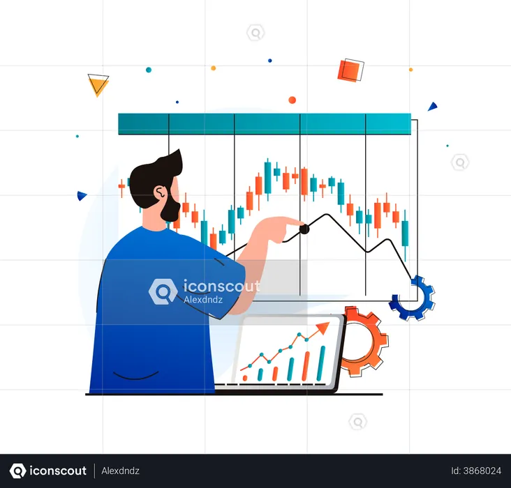 Man doing technical analysis on stock chart  Illustration