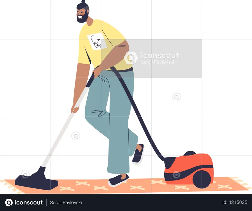 Man doing vacuum cleaning clean floor at home  Illustration
