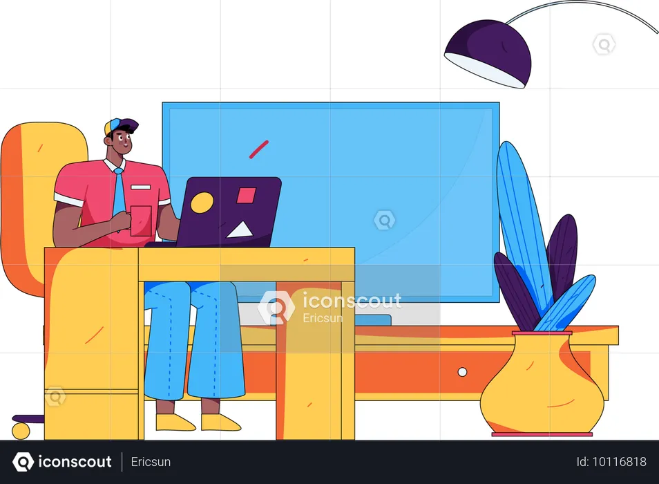 Man doing work on laptop at home  Illustration