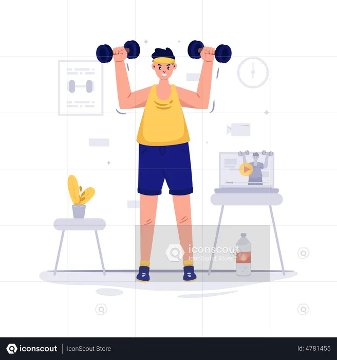 Man doing Workout and watching video at home  Illustration