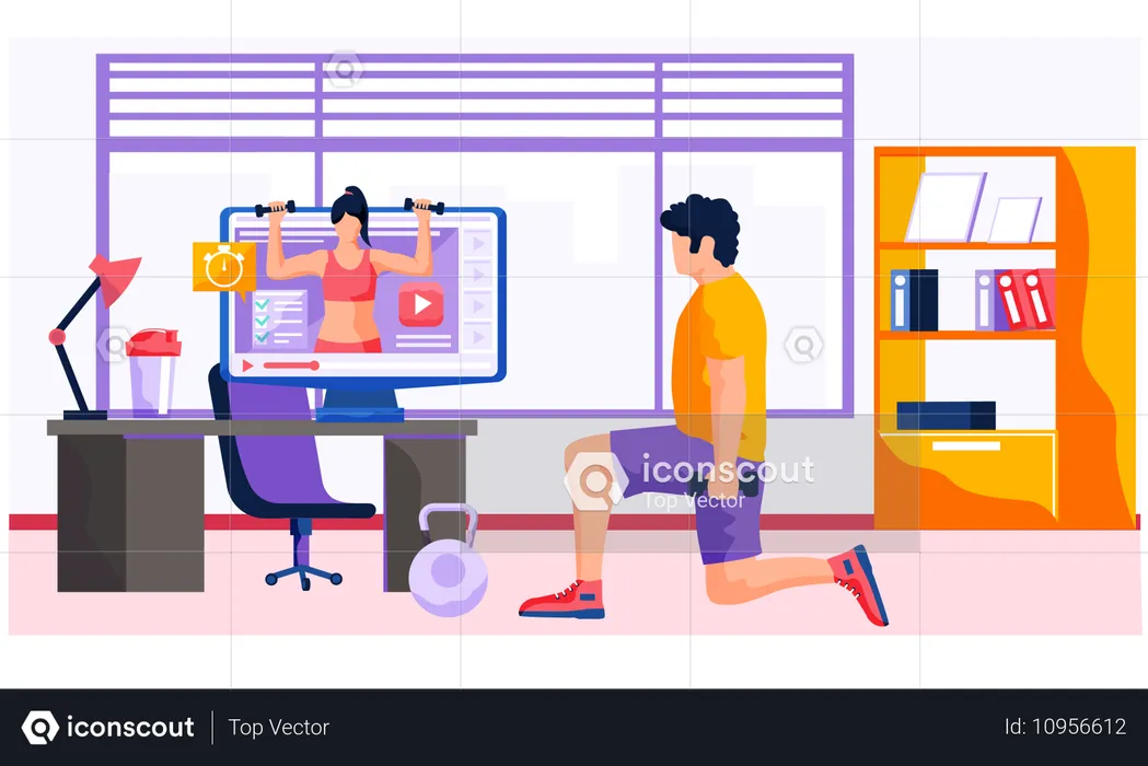 Man doing workout at office while watching tutorial online  Illustration