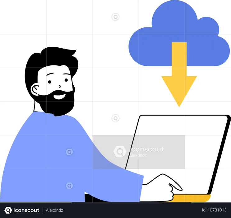 クラウドサーバーからダウンロードする男性  イラスト