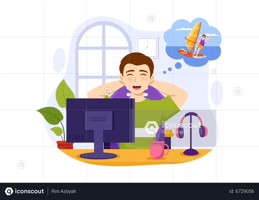 Man dreaming about surfing enjoyment  Illustration