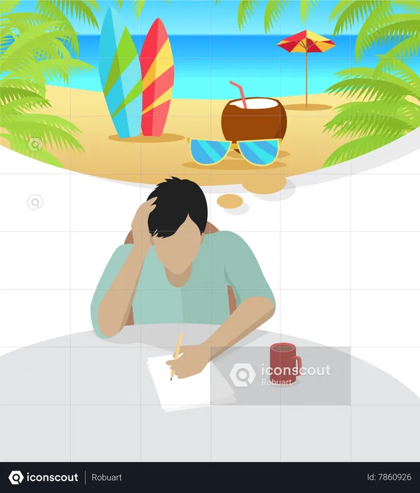 Man Dreaming About Vacation on Beach  Illustration