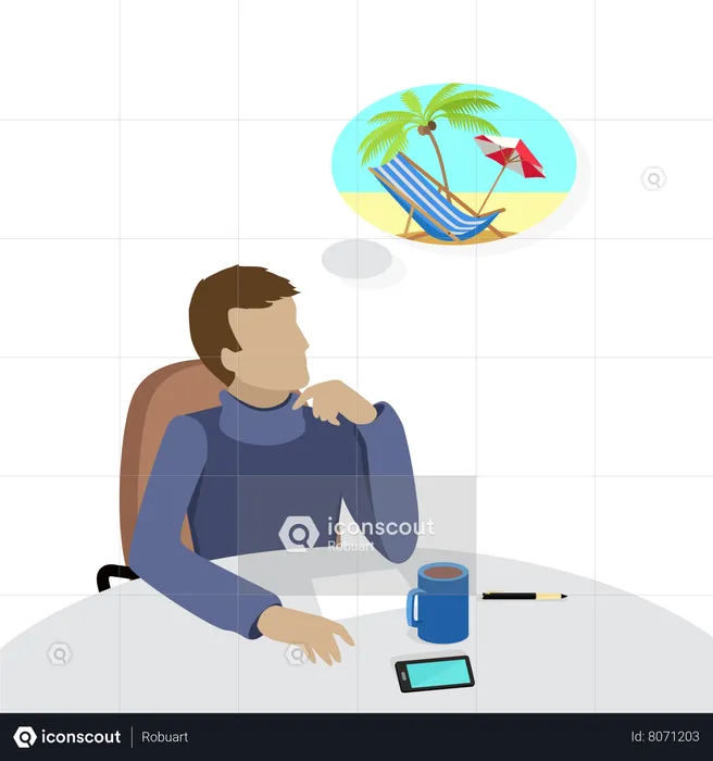 Man Dreaming About Vacation on the Beach  Illustration
