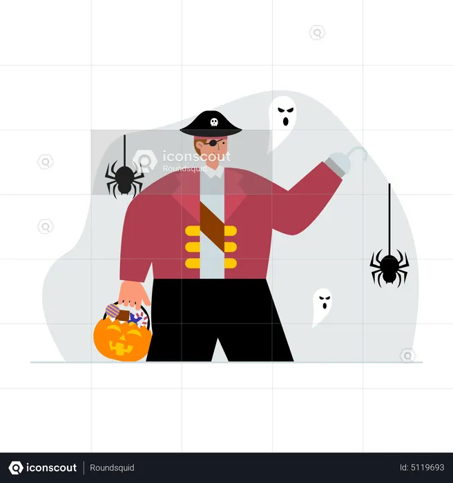 Man dressed as pirate for trick or treat  Illustration