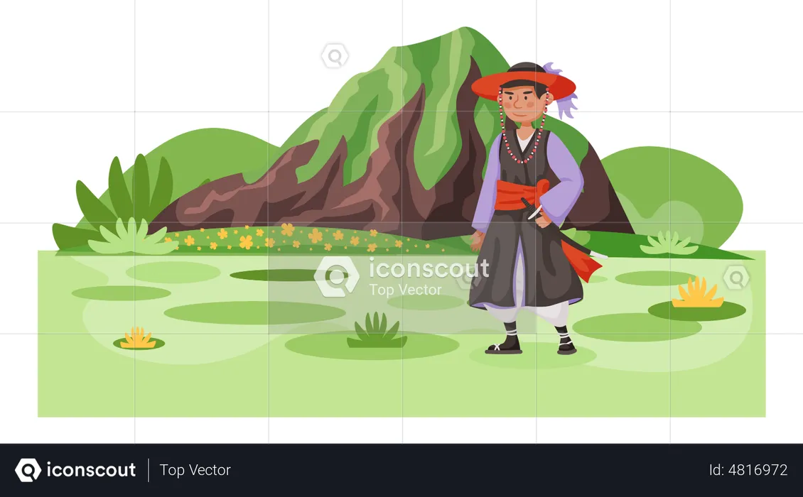 Man dressed in national clothes with sword weapon samurai  Illustration