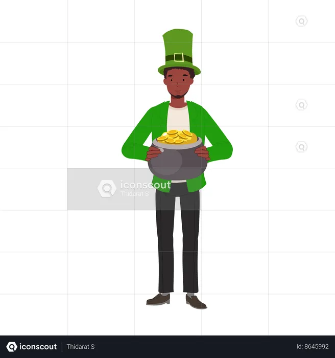 Man Dressed Up Green with Pot of Gold  Illustration