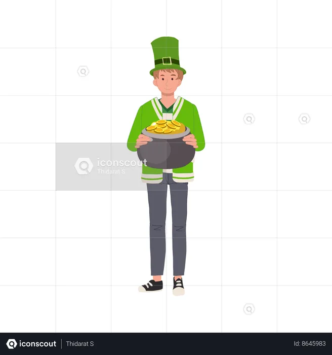 Man Dressed Up Green with Pot of Gold  Illustration