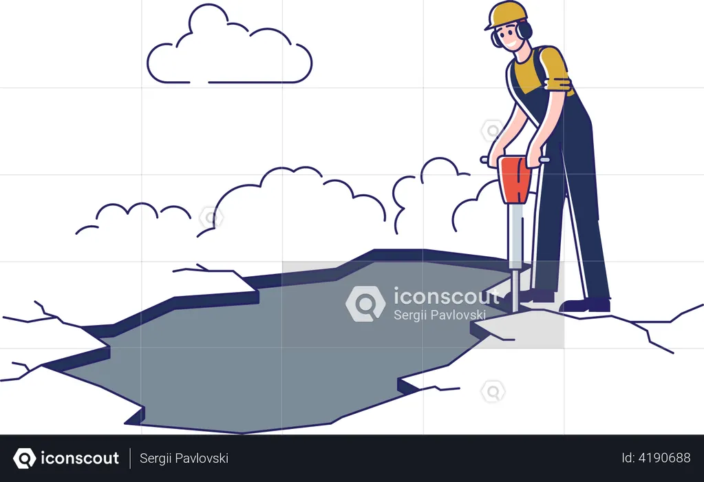 Man Drilling Road Surface With Work Tools  Illustration