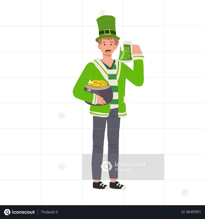 Man drinking beer glass with gold pot  Illustration