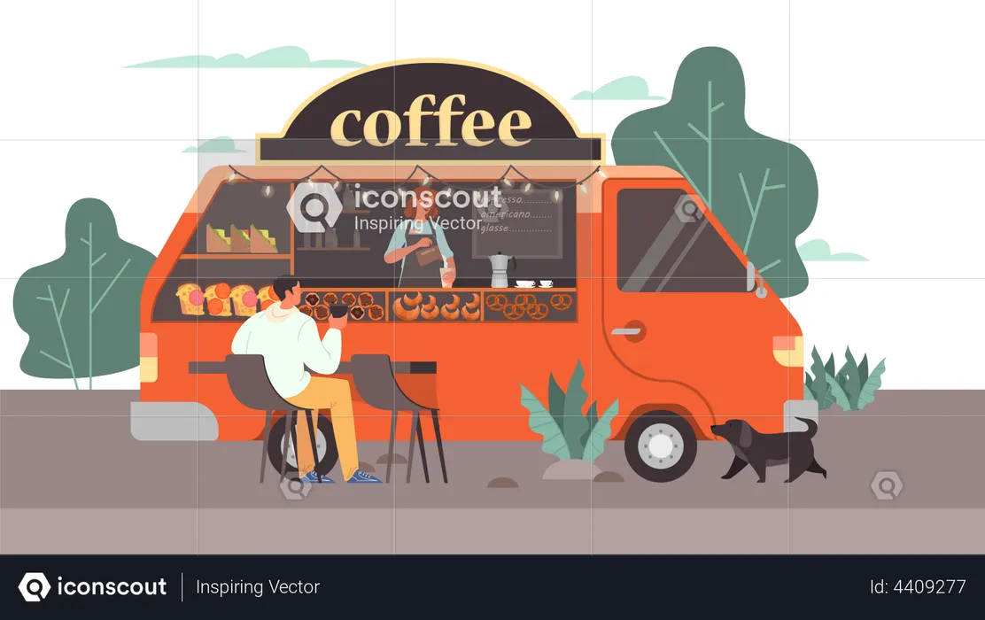 Man drinking coffee in mobile coffee shop  Illustration