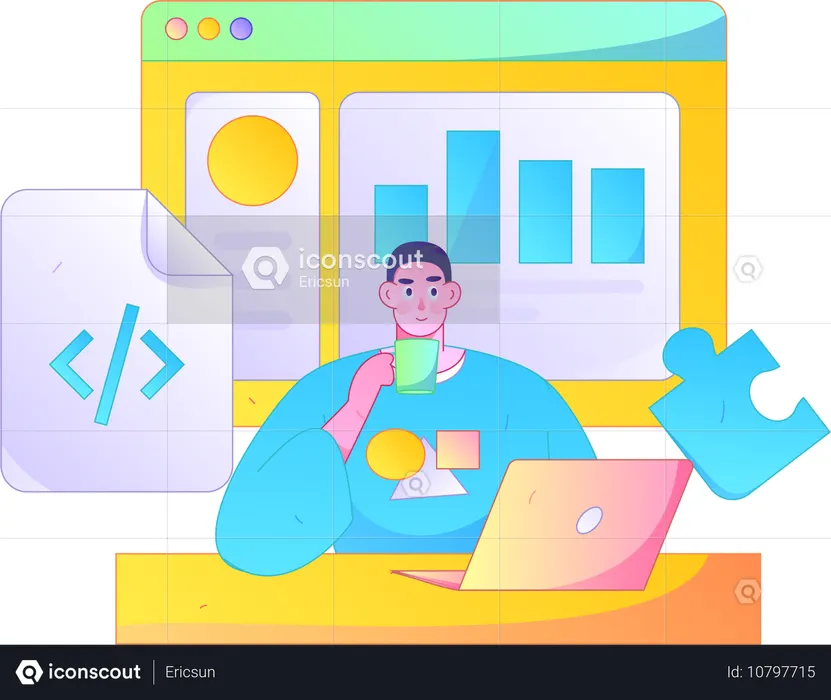 Man drinking coffee while thinking about business solution  Illustration