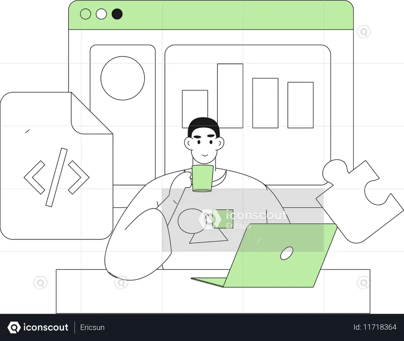 Man drinking coffee while thinking about business solution  Illustration