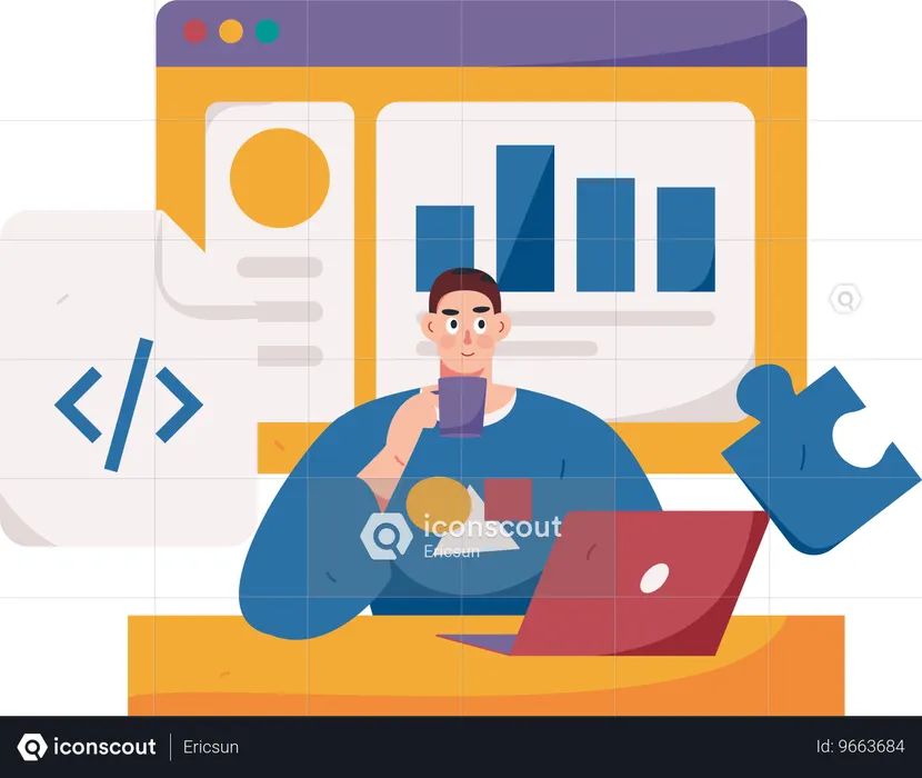Man drinking coffee while thinking about business solution  Illustration