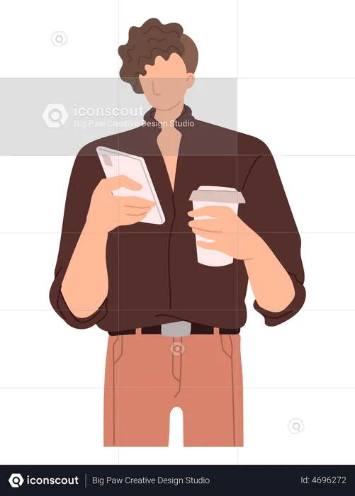 Man drinking coffee with using mobile  Illustration