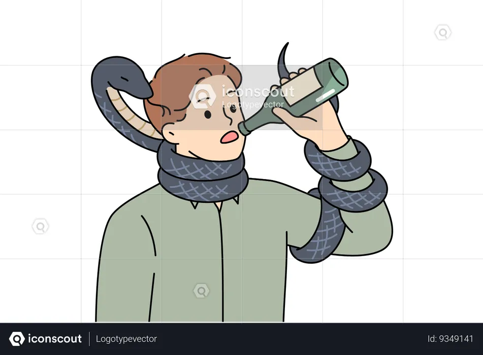 Man drinks beer standing with snake around nec  Illustration