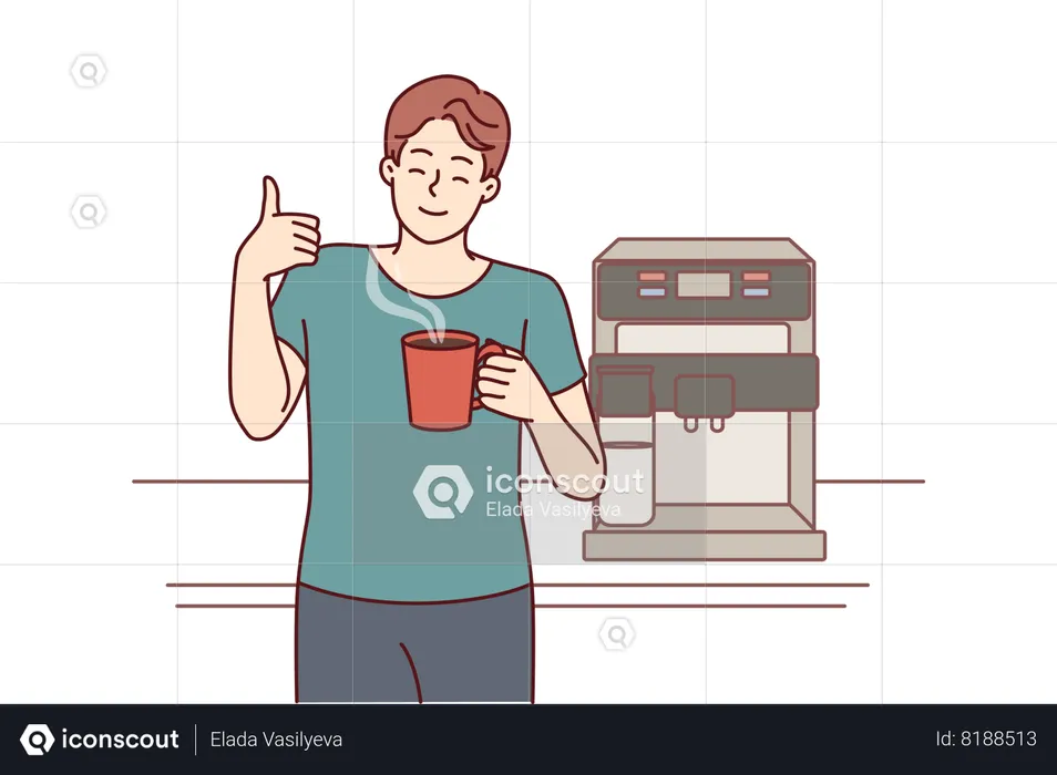 Man drinks coffee from mug standing near machine for making delicious espresso and shows thumbs up  Illustration