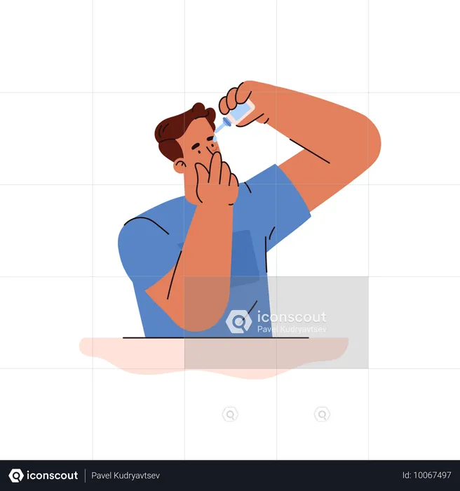 Man dripping drop moisturizing liquid into eye  Illustration