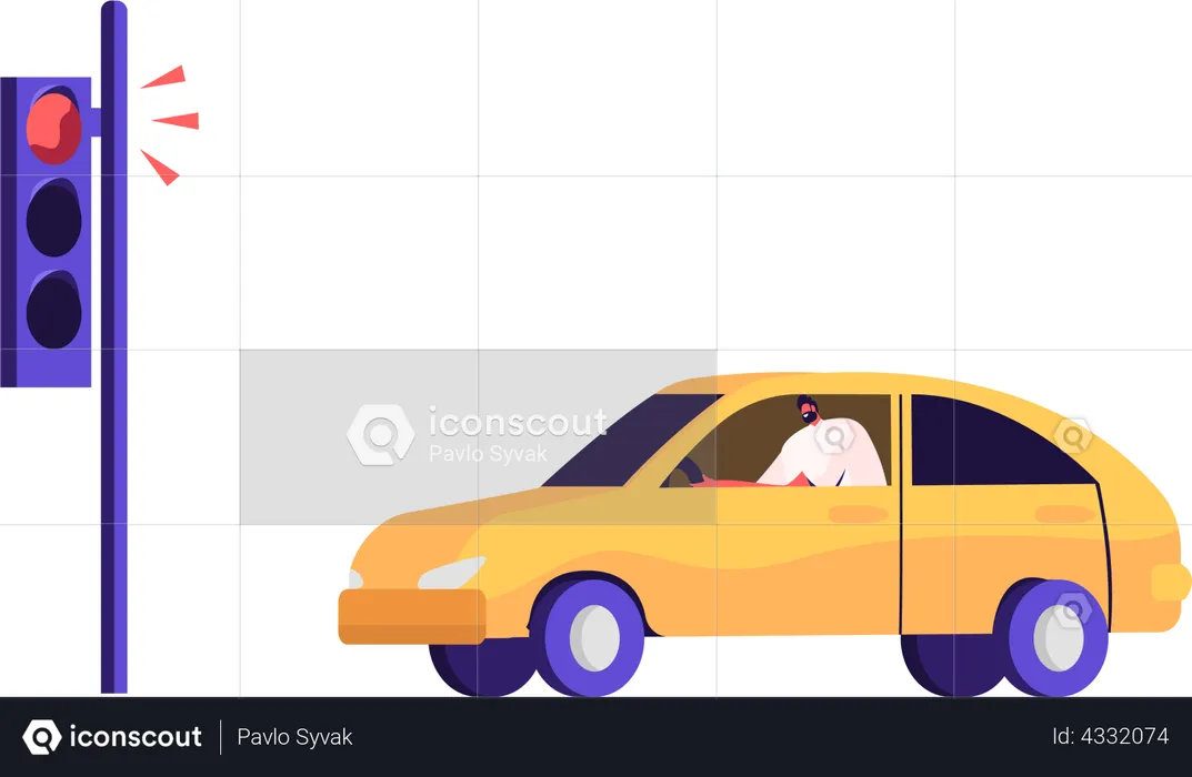 Man Driving Car Stand on Traffic Light  Illustration