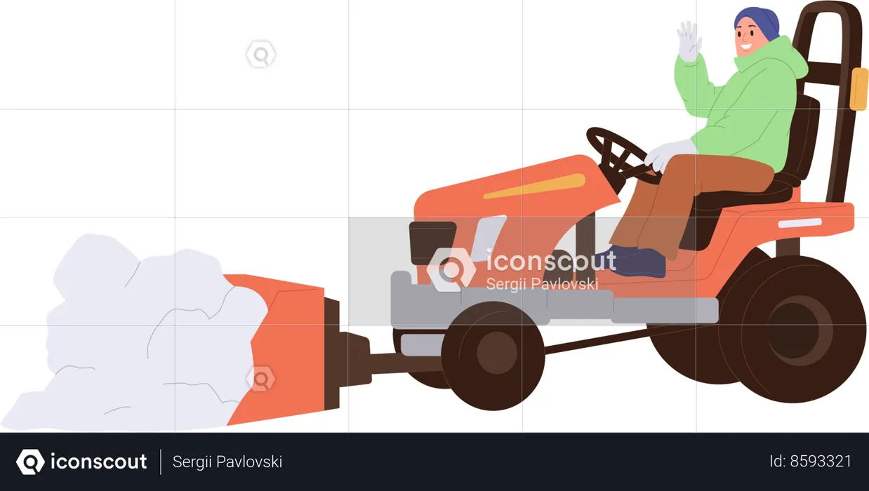 Man driving snow dump tractor cleaning street from snow  Illustration