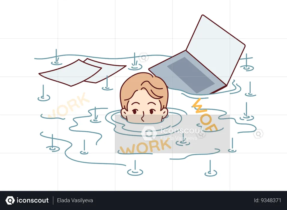 Man drowning in work with documents and laptop needing time management to solve problem of overload  Illustration