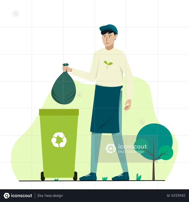Man dumping waste into recycle bin  Illustration
