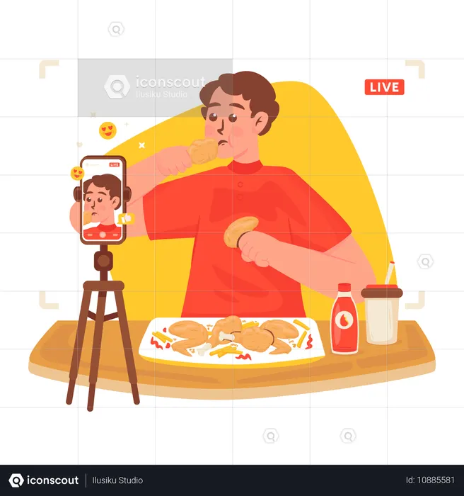 Man eating chicken doing live broadcast  Illustration