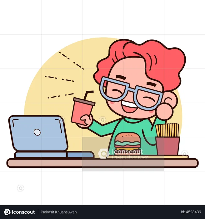 Man eating fast food with working on laptop  Illustration