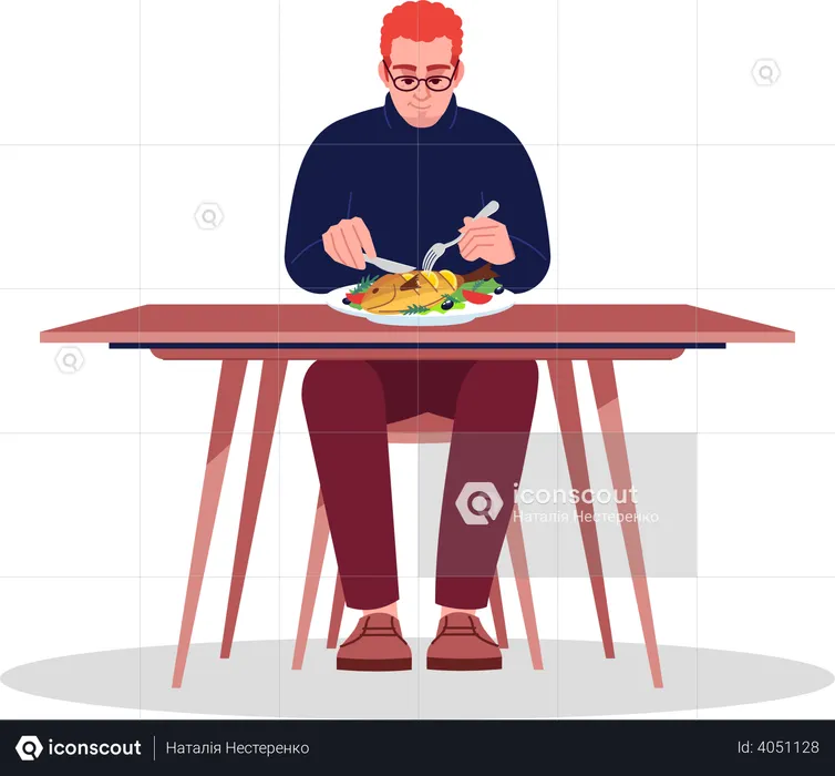 Man Eating Fish With Knife And Fork  Illustration