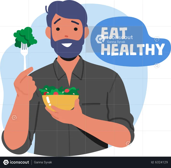 Man eating healthy green salad  Illustration