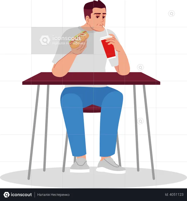 Man Eating Hot Dog With Carbonated Drink  Illustration