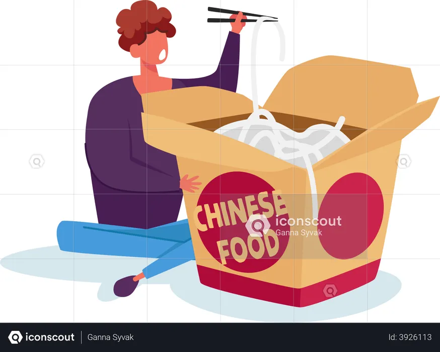 Man eating noodles from chinese food store  Illustration